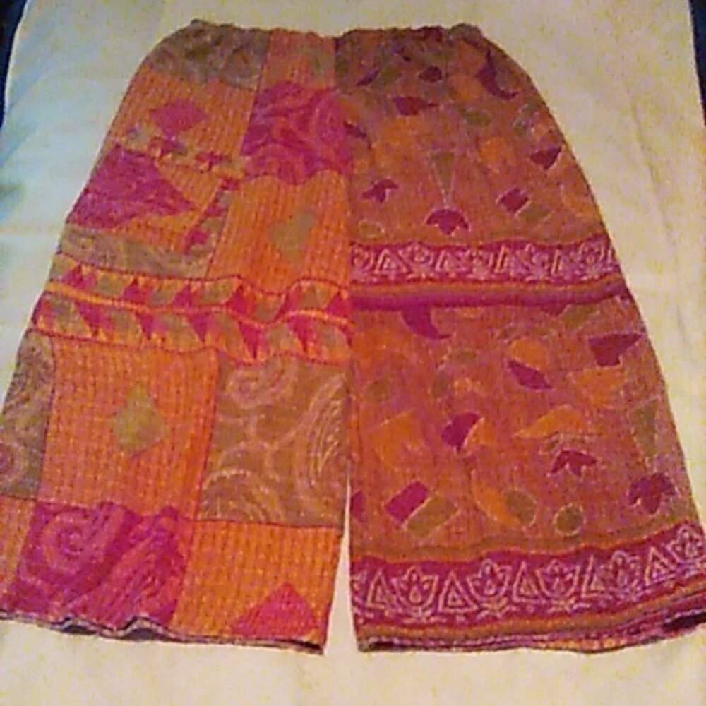 Kantha Pants Orange Red Tan 40"- 44" Waist 33.5" Inseam Tall Wide Leg Pocket